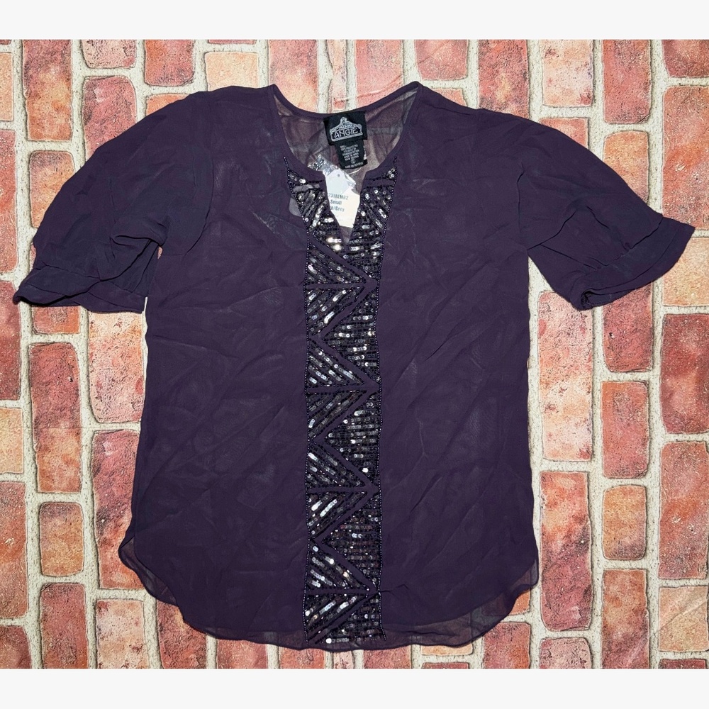 New With Tag Angie Von Maur Purple Blouse Beaded Sequin See-Through Size S Woman